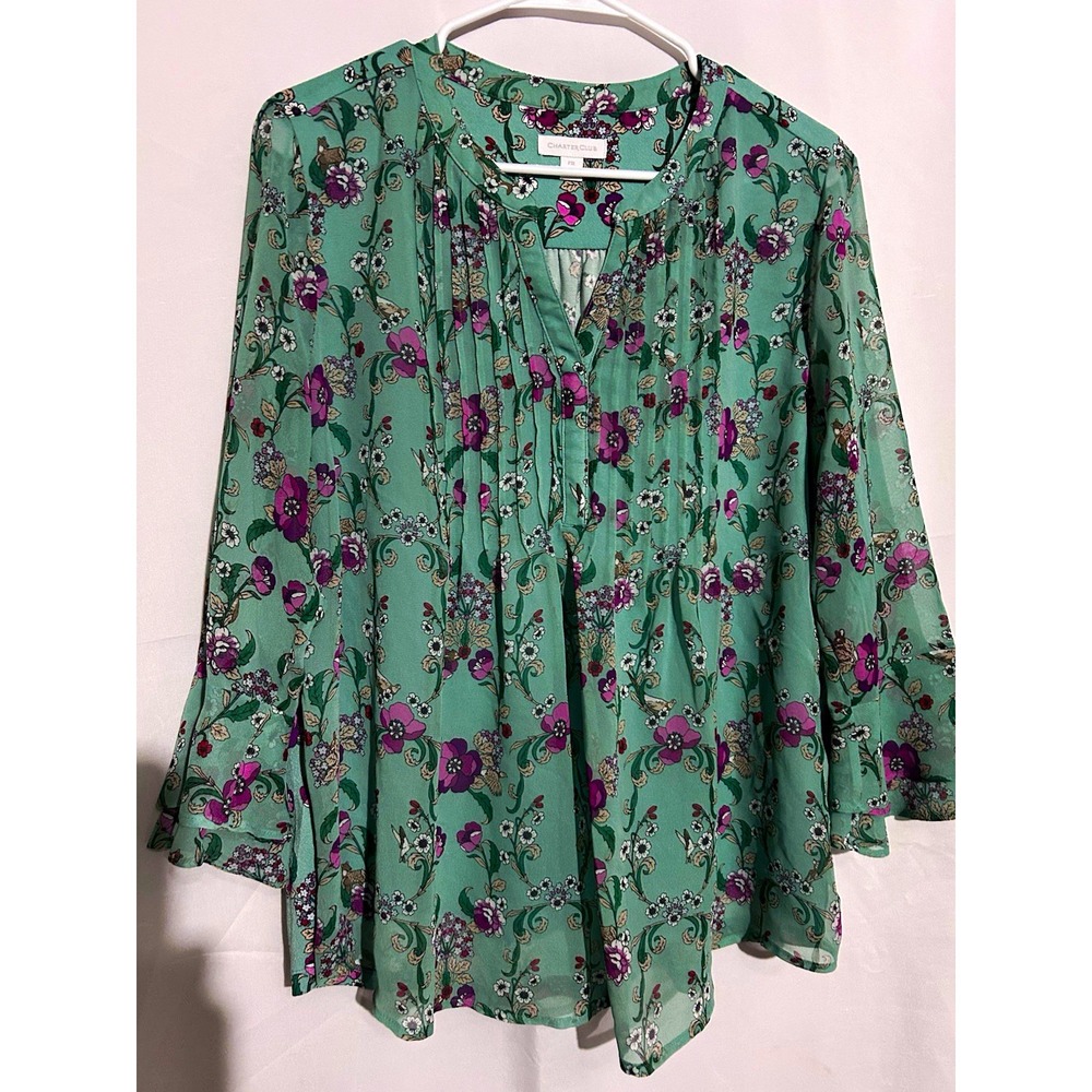 Charter Club Green Purple Floral V-Neck Peasant Blouse Petites PXL 3/4 Sleeve